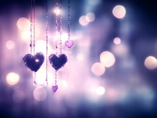 Three glittery hearts hang from delicate chains against a dreamy, bokeh-filled background, perfect for Valentine's Day.