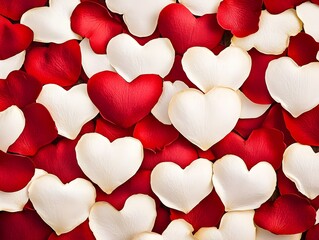 Close-up of red and white rose petals arranged in heart shapes, creating a beautiful and romantic background for Valentine's Day or other special occasions.