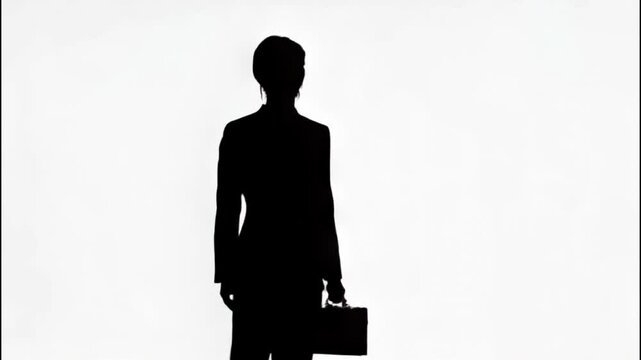 Silhouette of a businesswoman holding a briefcase against a white background.