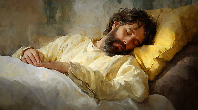 A peaceful scene of Saint Joseph asleep in a humble room with an angel glowing softly nearby, heavenly illumination creating a sacred mood