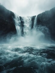 Obraz premium Powerful water crashes into the rocks below, creating a stunning display of mist and splashes in a serene landscape