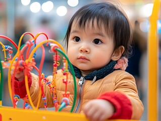 Adorable young child in a warm jacket playing with a colorful bead maze toy indoors, focused and curious. Blurred background with bright lights