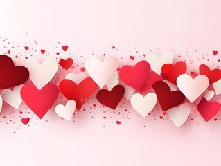 Red and white paper hearts arranged on a light pink background with subtle glitter, perfect for Valentine's Day cards, banners, or romantic designs.