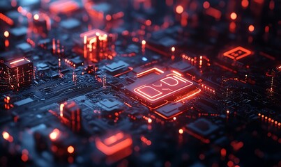 Close-up of illuminated circuit board with central processing unit.