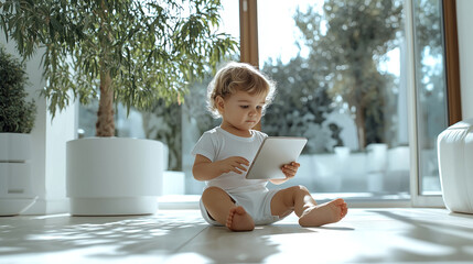 Caucasian toddler engaged with tablet in sunlit modern living room