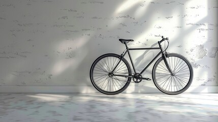 Fototapeta premium A black bicycle leans against a white wall, bathed in soft natural light for a modern vibe