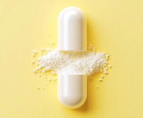 Pill casing lying on yellow background with powder spilled, representing health and supplements