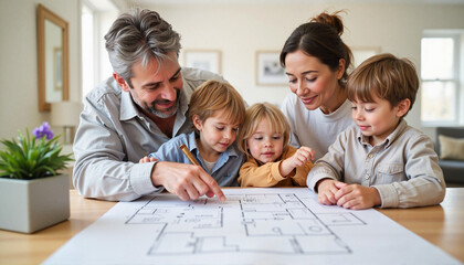 Excited family reviewing house blueprint around table, new beginnings