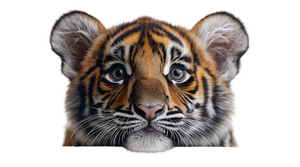 Obraz premium Baby Tiger Cub on White Closeup Wildlife Photo, Cute Big Cat with Black Fur, isolated on transparent background.
