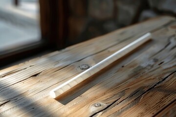 A single paper straw lies on a wooden table, showcasing its texture in soft light while emphasizing sustainable living