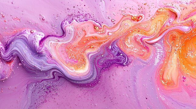 Abstract fluid art painting with purple, orange, and pink swirls and glitter.