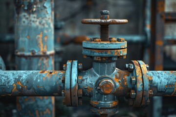A weathered metal valve contrasts against a dark backdrop, spotlighting its mechanical strength and details