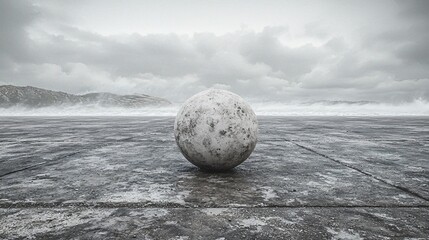 Stone sphere on a desolate, stormy beach.