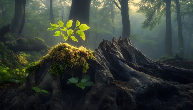 New Life Sprouting From Old Tree Stump In Misty Forest