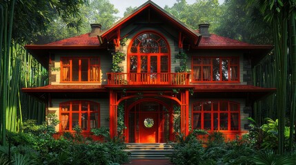 A striking two-story craftsman house with fiery red trim and a porch