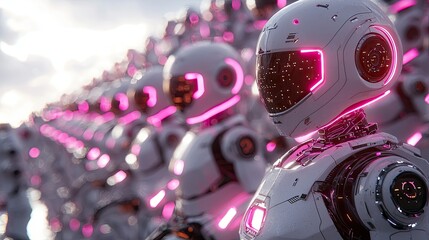 Obraz premium Futuristic robotic figures aligned in a cutting-edge urban landscape at dusk with neon accents
