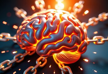 Obraz premium A human brain encased in chains, symbolizing mental health struggles, anxiety, or feeling trapped.