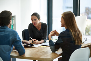 Business people, meeting and hr feedback in office, tablet and pen for growth opportunity in job. Employees, digital compliance form and company witness for communication, policy and management