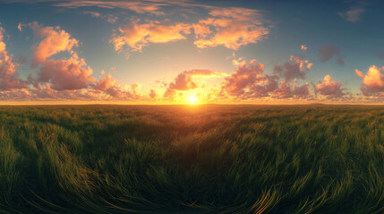 Fototapeta premium Sun setting over grass field 360 panorama vr environment map. 3D Illustration