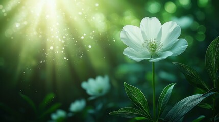 Enchanted Forest Bloom: A Single White Flower Basking in Sunlight
