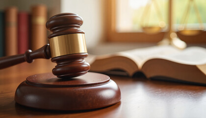 Judge gavel resting on polished desk with law book, symbolizing justice