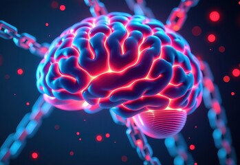 Obraz premium A human brain encased in chains, symbolizing mental health struggles, anxiety, or feeling trapped.