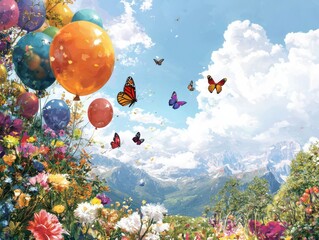 Whimsical garden celebration with colorful balloons and vibrant flowers enchanting nature scene joyful atmosphere gigapixel photography