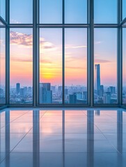 Fototapeta premium Beautiful cityscape through floor-to-ceiling windows, empty room with floor-to-ceiling glass windows, the floor is made of ceramic tiles, the floor in the foreground