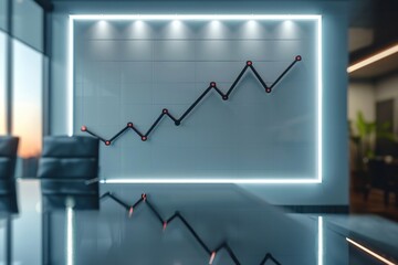 A clear whiteboard displays a black upward trend line, symbolizing business growth in a bright conference room setting