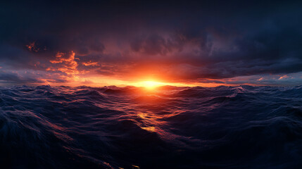 Fototapeta premium Dark clouds over a vast body of water at sunset 360 panorama vr environment map. 3D Illustration