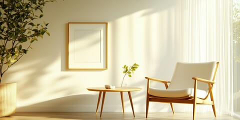 Modern living room interior with wooden furniture and empty frame