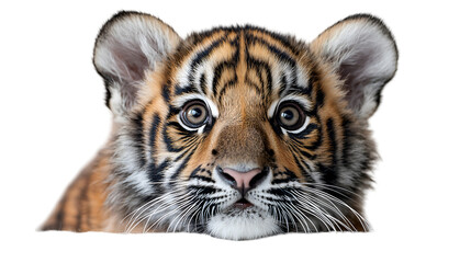 Obraz premium Baby Tiger Cub Closeup Orange Stripes, Cute Wildcat with Big Fur and Expressive Eyes, isolated on transparent background.