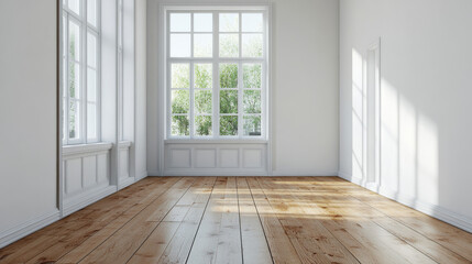 Fototapeta premium An empty room with white walls and wooden floors 3d render illustration. 3D Illustration