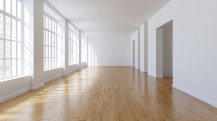 Obraz premium An empty room with white walls and wooden floors 3d render illustration. 3D Illustration