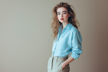 Full length portrait of a beautiful girl in her 25s wearing a light blue blouse and beige trousers in casual style, standing on a light brown solid background