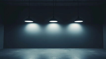 Naklejka premium Three lights illuminate ceiling of empty room 3d render illustration. 3D Illustration