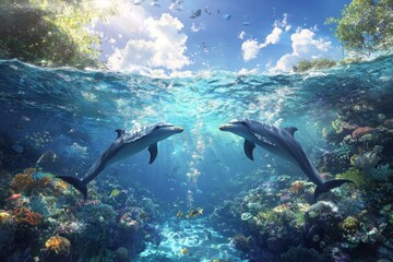Fototapeta premium Exploring an enchanting underwater world with playful dolphins and vibrant coral reefs ocean gigapixel imagery magical adventure childlike wonder