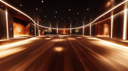 Spacious empty hall with wooden flooring and modern lighting design 360 panorama vr environment map. 3D Illustration