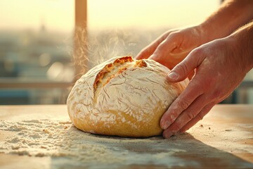 Artisan bread baking process cozy kitchen closeup of hands kneading dough rustic countertop warm lighting