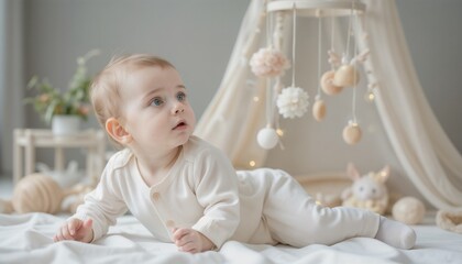 Fototapeta premium Infant reaching for a hanging mobile on a white blanket
