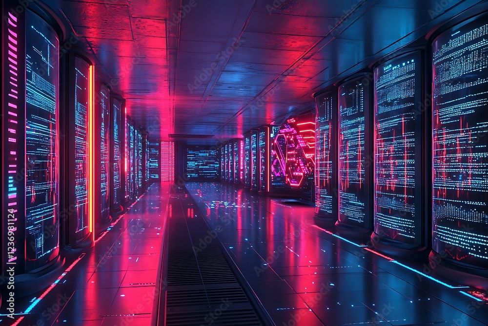 Poster futuristic server room with glowing screens displaying code.