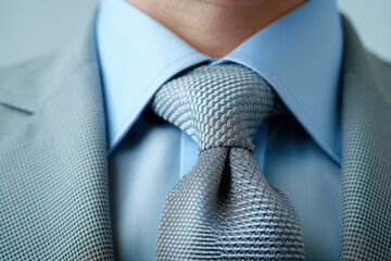 Elegant formal attire featuring gray textured silk necktie and light blue shirt