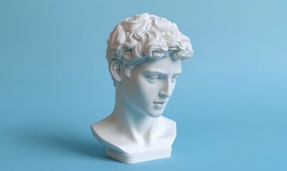 White Greek statue headshot of a male figure against a Light blue background, in the vaporwave style with a plasticine look and feel.