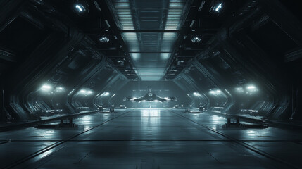 dark wide sci-fi hangar style industry hall with futuristic design 3d render illustration