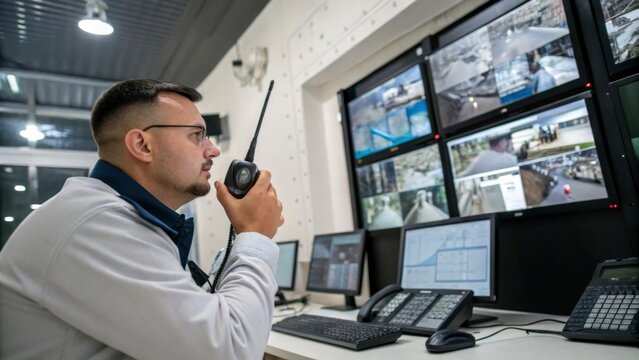 Security guard checking surveillance monitors and communicating through handheld radio