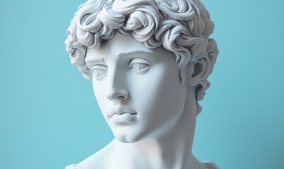 White Greek statue headshot of a male figure against a Light blue background, in the vaporwave style with a plasticine look and feel.