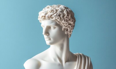 White Greek statue headshot of a male figure against a Light blue background, in the vaporwave style with a plasticine look and feel. 