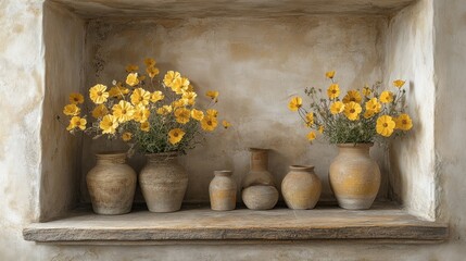Still Life with Yellow Flowers in Rustic Pottery