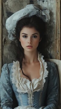 Elegant woman in historical dress, posing indoors, antique background. Use Fashion, history, portrait.