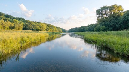 Obraz premium Calm river flows through lush green forest, peaceful summer scene, nature background, travel photography